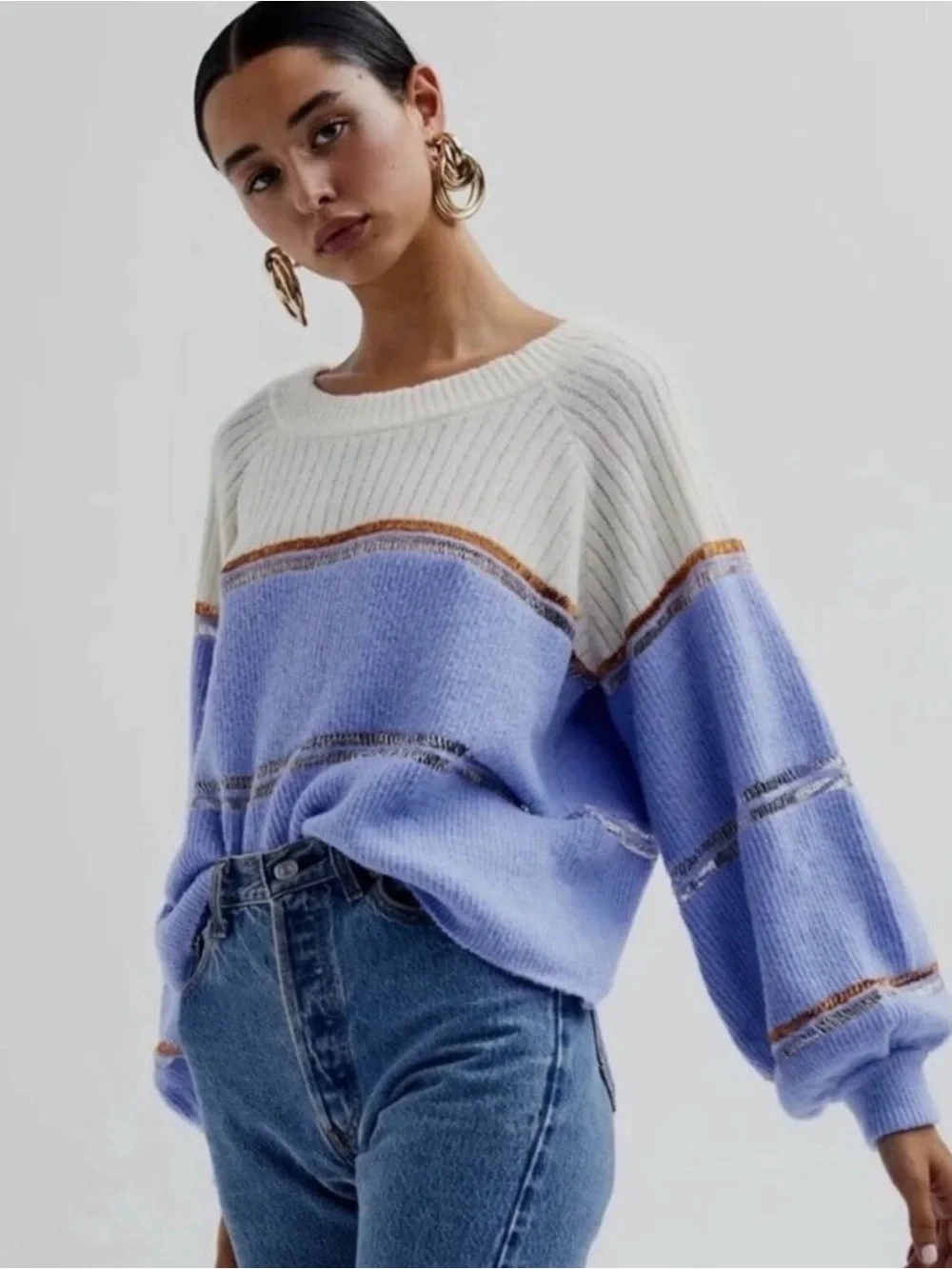 For Love And Lemons Cream and Periwinkle Stripe Knit Sweater